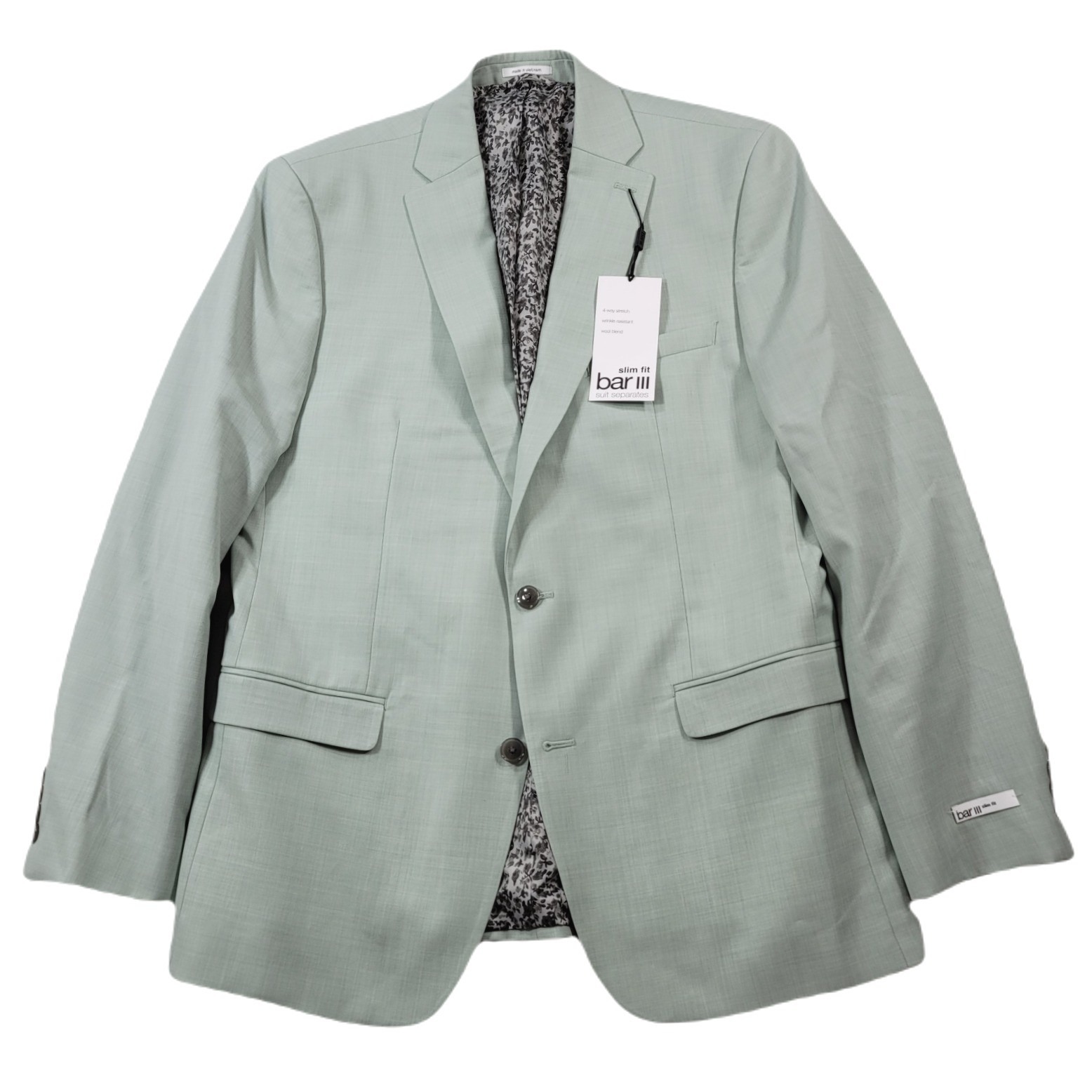 Bar Iii Slim-Fit Blazer Mens 44l 44 Green Wool Sharkskin Suit Jacket $295 New